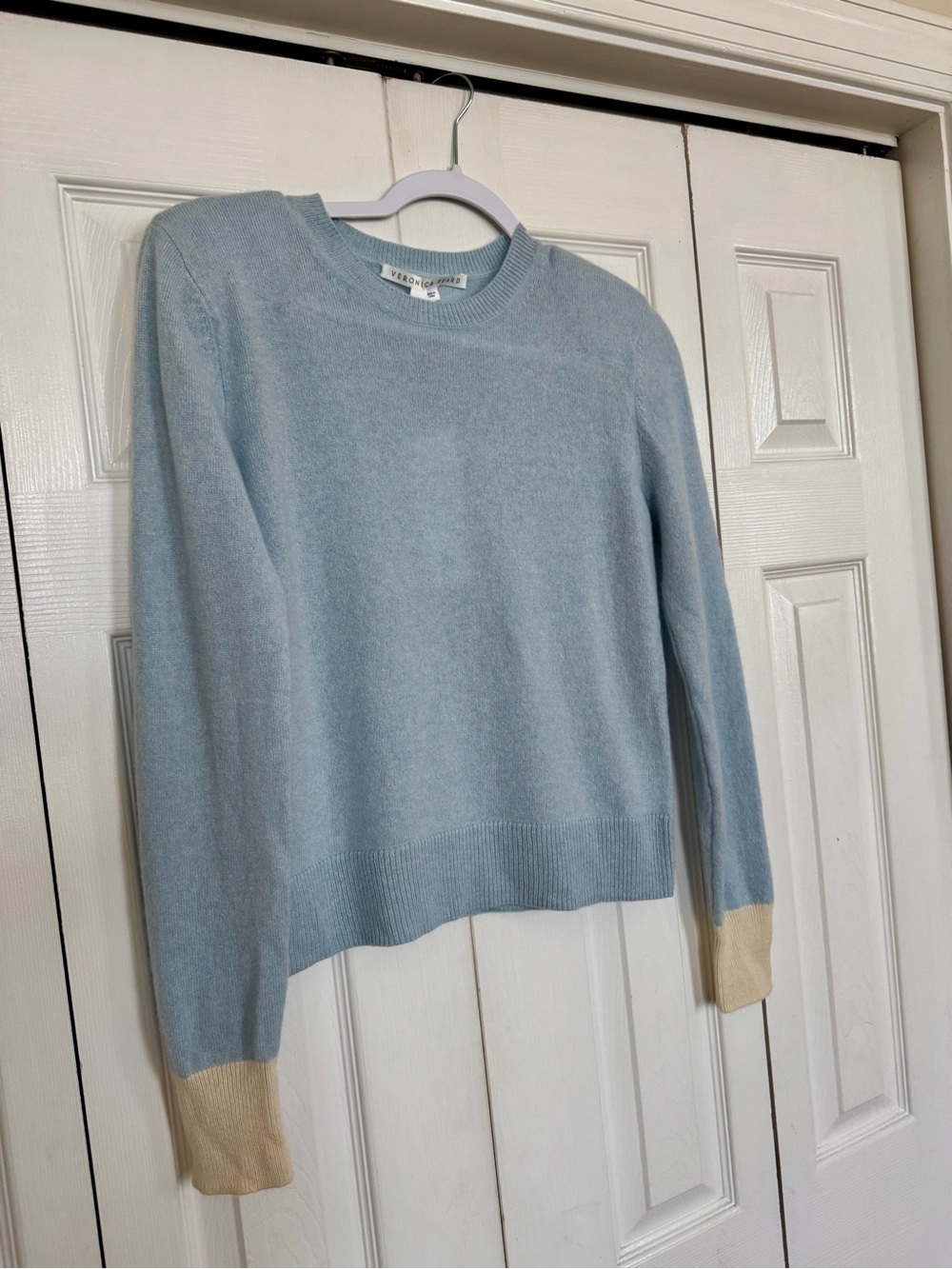 Veronica Beard Light Blue Crewneck Sweater with Cream Cuffs